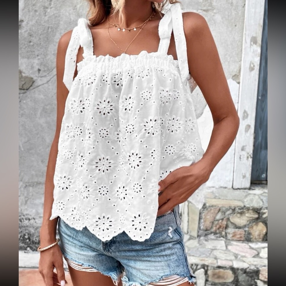 Boho Eyelet Sheer Lace Embroidered Tank Top White - Picture 3 of 4